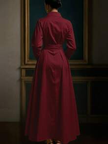 Vusalt 女士春季梭织长袖优雅通勤风系带衬衫裙，白色，适合优雅派对、情人节装扮、婚礼宾客礼服、生日礼服、外出游玩、优雅连衣裙、休闲长裙、白色连衣裙 - 酒紅色 - 查看 4