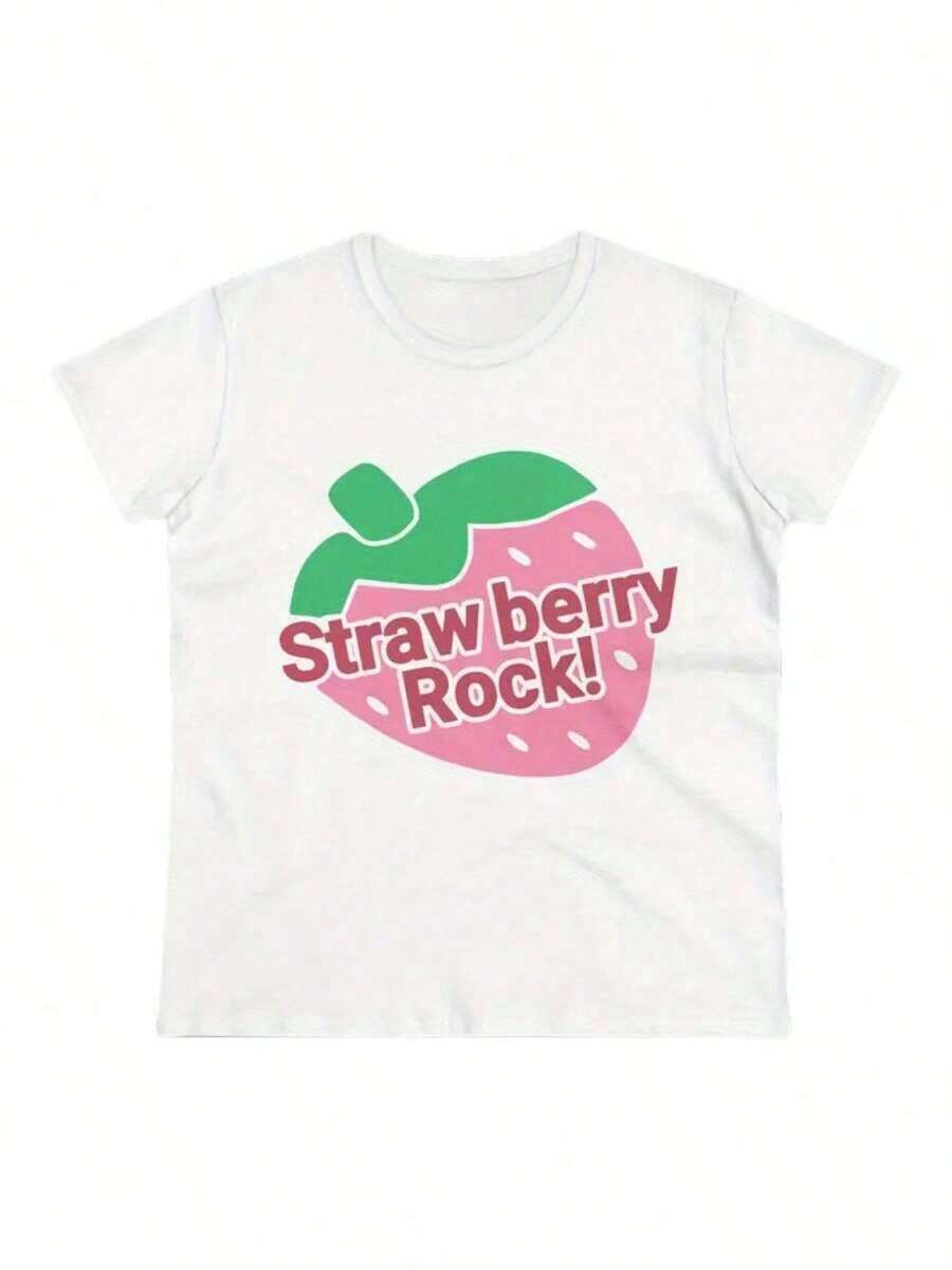Strawberry Rock Kawaii Anime Cute Printed T-Shirt, Women's Printed T-Shirt 180g, 100% Cotton, Retro Street Women's Short-Sleeved T-Shirt, Round Neck Casual Women's Outdoor T-Shirt Short-Sleeved, Halloween, Christmas, Daily Four Seasons Wear, Holiday Gifts - trắng - Xem 1