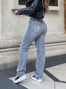 Women's Casual Knee Hole Slim Straight Tapered Jeans Mom Denim Pants Spring - Light Wash - View 5