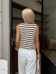 女式纽扣开衫深V领条纹针织背心