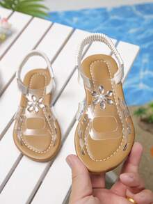1 par de sandalias planas transparentes con decoración floral brillante y hermosa para niñas, estilo de hadas, muy adecuadas para el uso en verano - transparente - Ver 3