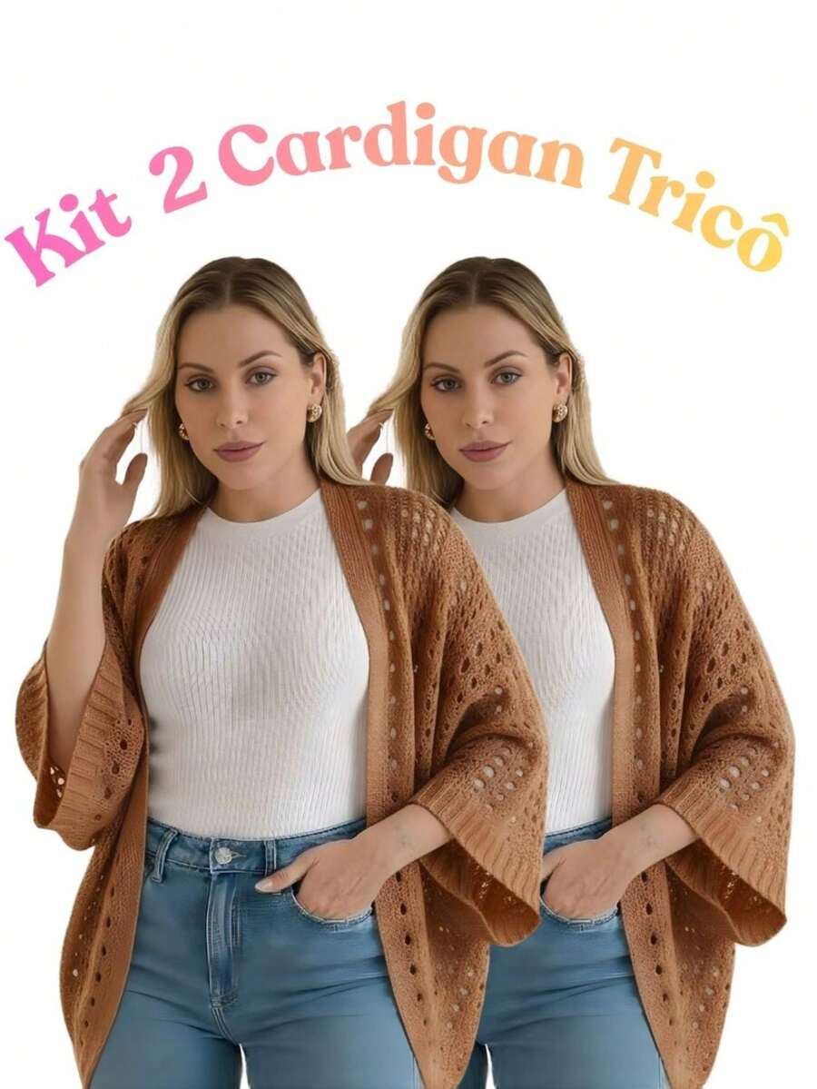 Set Of 2 Women's Cardigan Blouses, Knitted Cape, Openwork Knit, Autumn - 銅/銅 - 查看 1