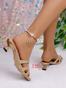 金色夏季新款方头透气露趾高跟凉鞋，百搭简约细高跟女鞋 - 金色 - 查看 4