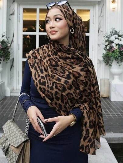 1条女士波西米亚风豹纹头巾，柔软透气，街头风围巾，适合日常佩戴