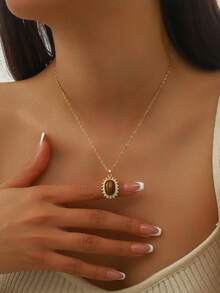 1 件复古棕色宝石不锈钢吊坠项链，椭圆形太阳心形镀金水钻颈链，适合女性日常和节日佩戴或珠宝礼物 - 金色+寶藍色 - 查看 3