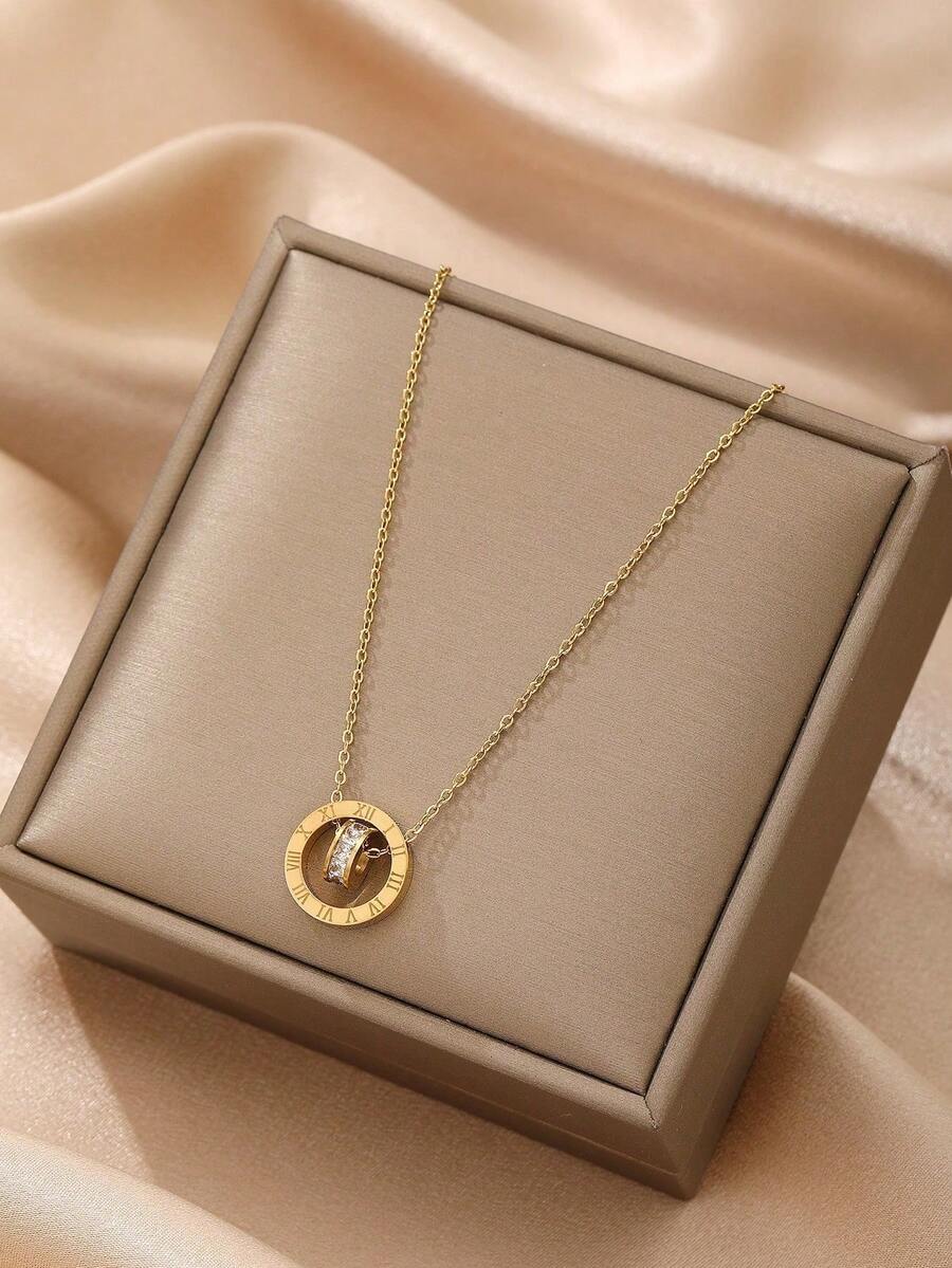 1pc Gold Roman Numeral Cubic Zirconia Circle Minimalist Necklace Choker (OPP Bag Packaging)