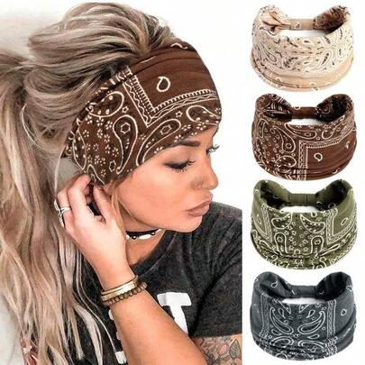 4pcs Paisley Pattern Knot Design Hair Band, Boho Wide Elastic Hair Band For Gym Workout, Hair Accessories For Yoga Wear, Knotted Headband  Boho    Polyester    None
