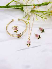 1 Set de joyería con colgante, pulsera, anillo y aretes con diseño de flor de gota de aceite, adecuado como regalo de vacaciones - Unitalla - Ver 2