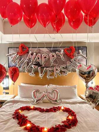 33 delar/set silverfärgade jubileumsballonger, grattis på jubileumsbanderollen och hjärtformade ballonger, lämpliga för romantiskt tema, alla hjärtans dag-festdekorationer, födelsedagar, bröllop, frieri, årsdagar, alla hjärtans dag-rekvisita, inomhusfestdekorationer