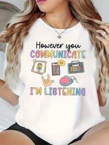 [Sporty T-Shirt]Women's Communication I'm Listening Speech Therapist T-Shirt |   Relaxed Fit |   Plus Size - 白色 - 查看 1