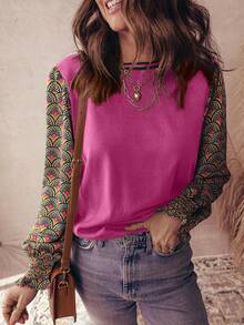 Acelitt Women's Autumn Floral Print Puff Sleeve Patchwork Knit Crew Neck Sweater, Dark Green - Hot Pink - View 1