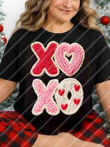 情人节仿毛线 XOXO 爱心 DIY 熨烫热转印贴纸贴片，适用于 T 恤、卫衣、布料、包包、枕套、服装装饰、节日派对装饰，10 英寸 - 粉色 - 查看 4
