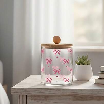 1 pieza Caja de almacenamiento con decoración de lazo rosa y tapa de cúpula transparente - Caja de almacenamiento para almohadillas de algodón con tapa, caja de almacenamiento de plástico, frasco transparente para hisopos de algodón de 10 onzas, organizador de cosméticos, dispensador de almacenamiento para el baño