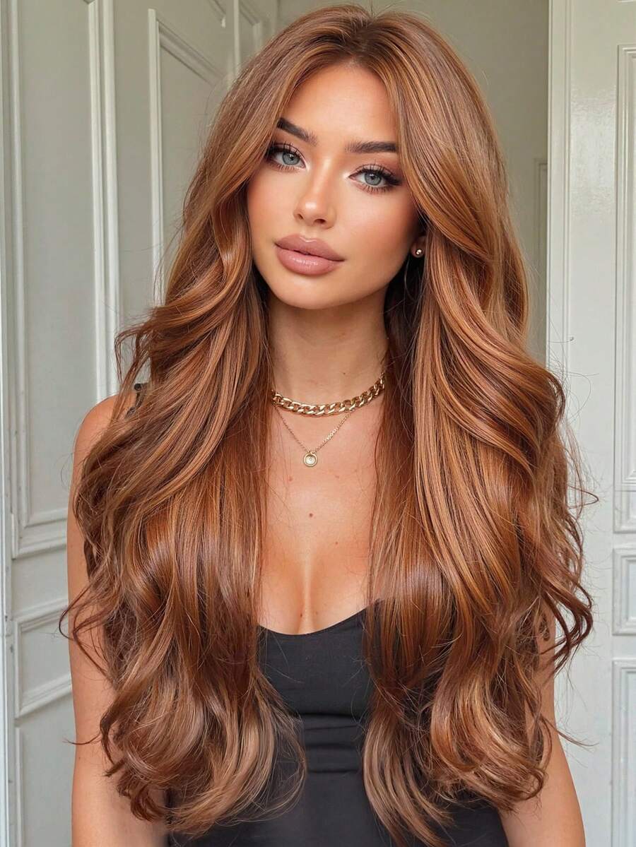 28 Inch Long Brown Synthetic Wig, Middle Part Blonde Curly Hair, Suitable For Women's Daily Wear, Cosplay, Natural And Realistic, Can Be Used For Halloween, Christmas, New Year, Carnival, Music Festivals, Ideal Gift For Girls, Summer Graduation, Holidays, And Perfect For Halloween And Christmas. - 臟橘色 - 查看 1
