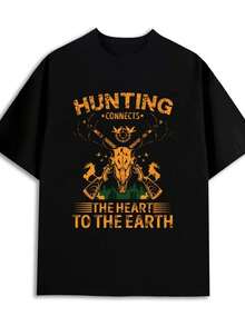 Men's Black Sports T-Shirt, Plus Size 3XL - Hunting And Outdoor Print, Short Sleeve T-Shirt, Regular Fit, Casual Gym Shirt, Casual Wear, Year-Round Comfort, Machine Washable - New Year's Gift - 黑色 - 查看 1