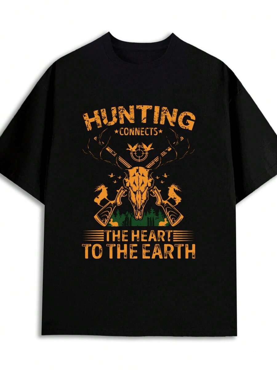 Men's Black Sports T-Shirt, Plus Size 3XL - Hunting And Outdoor Print, Short Sleeve T-Shirt, Regular Fit, Casual Gym Shirt, Casual Wear, Year-Round Comfort, Machine Washable - New Year's Gift - 黑色 - 查看 1