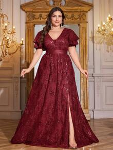 XUIBOL 高品质弹力优雅亮片拼接超修身加大码V领晚宴鸡尾酒会婚礼周年纪念家庭正式晚宴新娘送礼会生日庆祝短袖奢华端庄新娘母亲礼服（重工装饰） - 酒紅色 - 查看 3