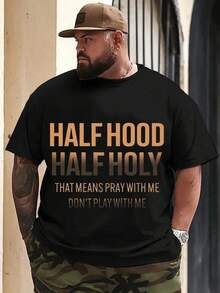 Men Plus Size Cotton Short Sleeve T-Shirt Black Casual Tee With Bold HALF HOOD HALF HOLY Graphic Print Round Neck Regular Fit For Summer Casual Attire Relaxed Fit Shirt Comfortable Fabric Streetwear Style Urban Fashion Durable Construction Print Shirt Street Style Lovers 220g Big Size L-3XL 4XL 5XL - 黑色 - 查看 2