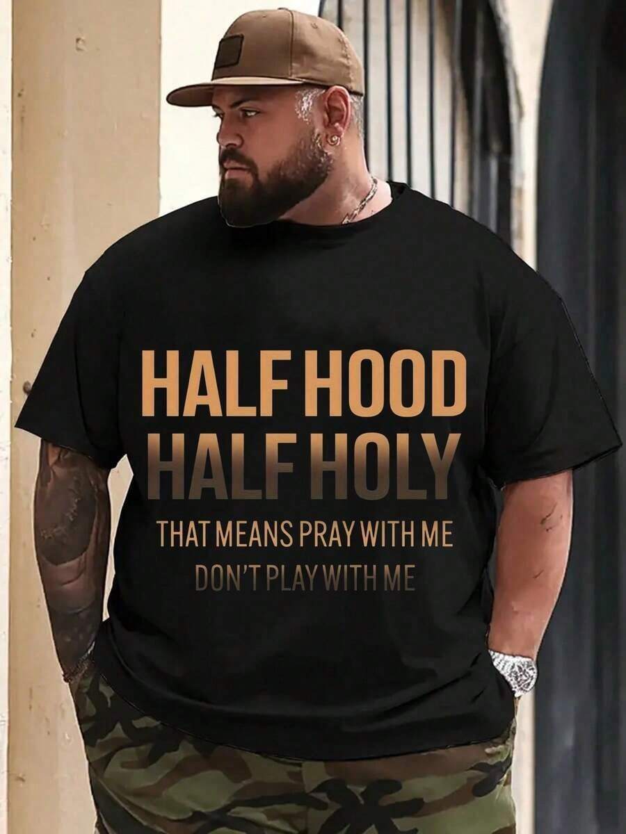 Men Plus Size Cotton Short Sleeve T-Shirt Black Casual Tee With Bold HALF HOOD HALF HOLY Graphic Print Round Neck Regular Fit For Summer Casual Attire Relaxed Fit Shirt Comfortable Fabric Streetwear Style Urban Fashion Durable Construction Print Shirt Street Style Lovers 220g Big Size L-3XL 4XL 5XL Plus Size - 黑色 - 查看 1