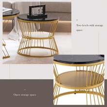 Modern Coffee Table Set, Highlighted Coffee Table Set, Marble Veneer Sofa Side Table, Round Side Table, Double Set, Gold Frame - Black - View 5