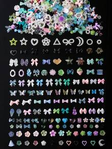 100件 3D樹脂美甲飾品：隨機組合包含玫瑰、桃花、裙子、蝴蝶結、蛇、冰淇淋、龍、愛心、亮片鏤空愛心、星星、兔子及各種動物造型，搭配水鑽與仿珍珠，適用於DIY美甲裝飾與手工藝品，適合春夏秋冬四季及Y2K美甲風格 - 彩色 - 查看 4