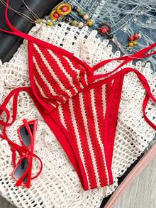 Bikini de SunTide con textura a rayas rojas y blancas, bikini triangular con tirantes y adorno dorado, conjunto de 2 piezas, atrevido y sexy para la playa en verano - Rosa Fucsia - Ver 9