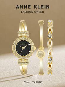 Anne Klein Damen-Armbanduhr mit goldfarbenem Kristall-Akzent und Armband im Set mit glänzendem schwarzem Zifferblatt, elegante Damen-Quarzarmbanduhr mit verstellbarem Armreif