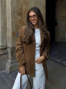 HH 女装秋冬绒面单排扣西装外套女式时尚高街休闲翻领长袖外套 - 銅色 - 查看 5