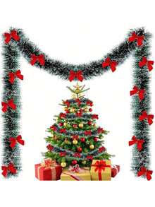 1pc 2m Christmas Decorative Ribbon With Red Bow, 12pcs Deep Green Aluminum Foil Wire, Suitable For Tree Decor And Holiday Decoration, Indoor/Outdoor Use - Picture Color - View 4