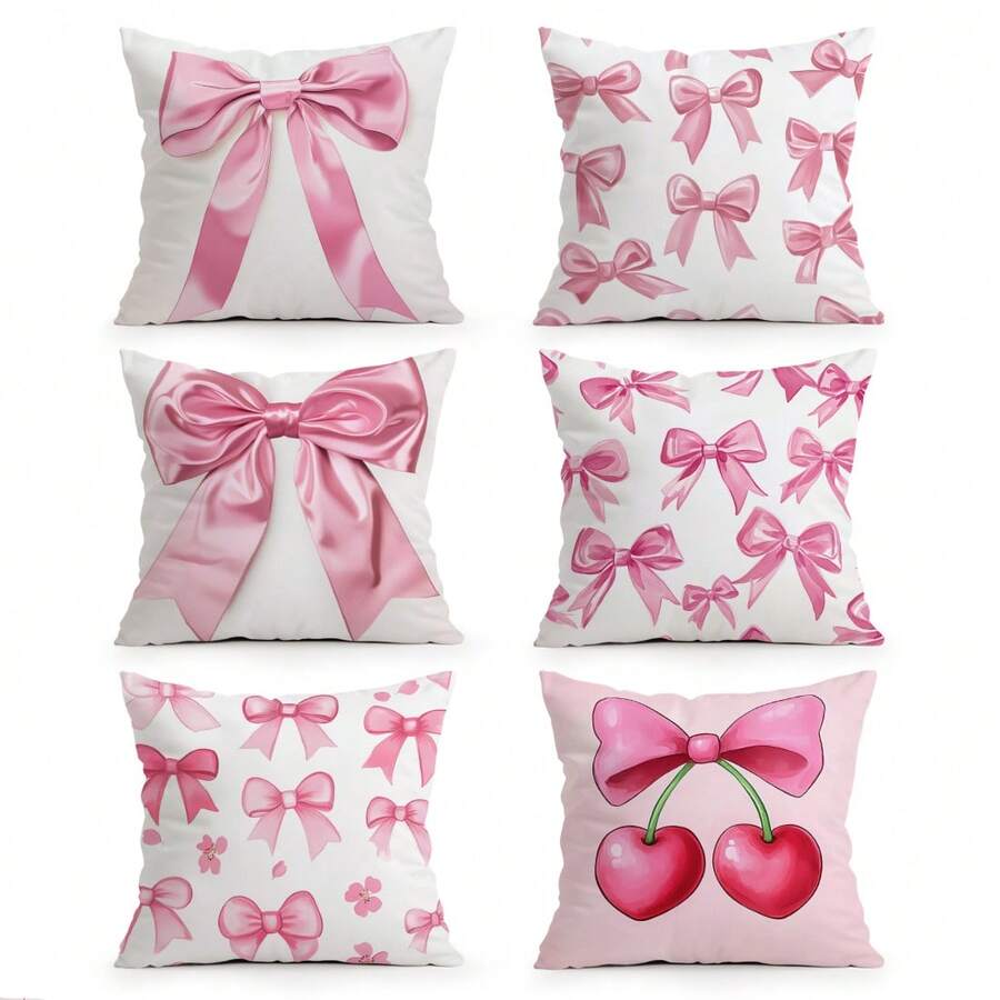 6件套浪漫粉色蝴蝶结单面印花抱枕套 - 蜜桃绒抱枕套（不含枕芯） - 彩色 - 查看 1