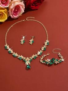 Luxury Wedding Party Women's Dress Rhinestone Decor Jewelry Fashion Shiny Necklace And Earring Set, Ball Gown Jewelry Accessories - Golden Green - View 3