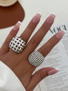 2pcs Personalized Geometric Hollow Metal Rings, Unique Design Alloy Rings Suitable For Women's Daily Wear And Various Parties - Geometric Hollow Ring - View 3