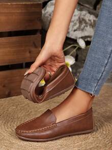 Women's Handmade Stitching Flat Loafers, Comfortable Non-Slip Soft Bottom Casual Moccasins - Brown - View 4