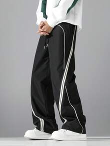 男士时尚休闲直筒裤，运动风格，饰有时尚罗纹织带，撞色包边设计 - 黑色 - 查看 2
