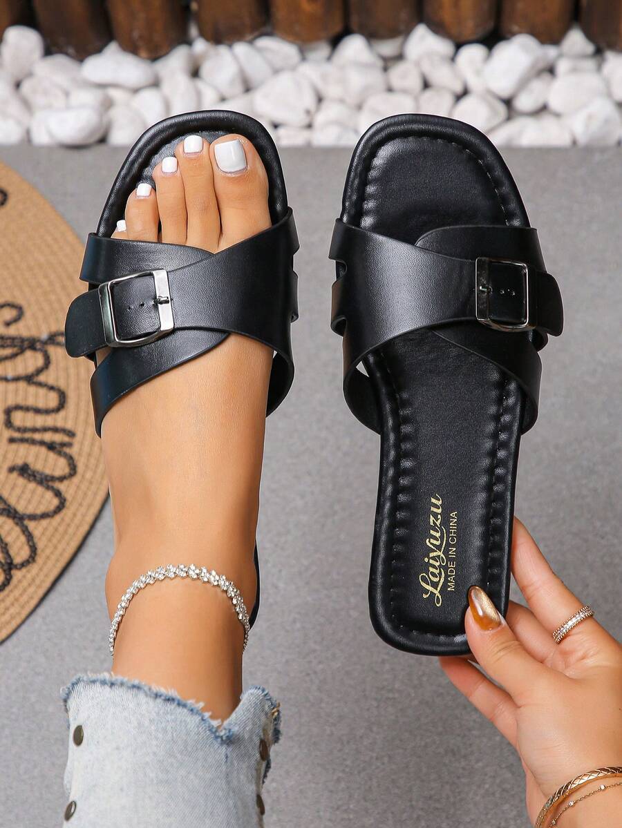 2026 New Style Multi-Strap Buckle Slip-On Sandals, Summer Must-Haves, Women Fashion Minimalist Wide Strap Sandals, Daily Casual Vacation Beach Non-Slip Soft Bottom Retro French Style Flat Shoes, Compatible With Dresses - Black - View 1