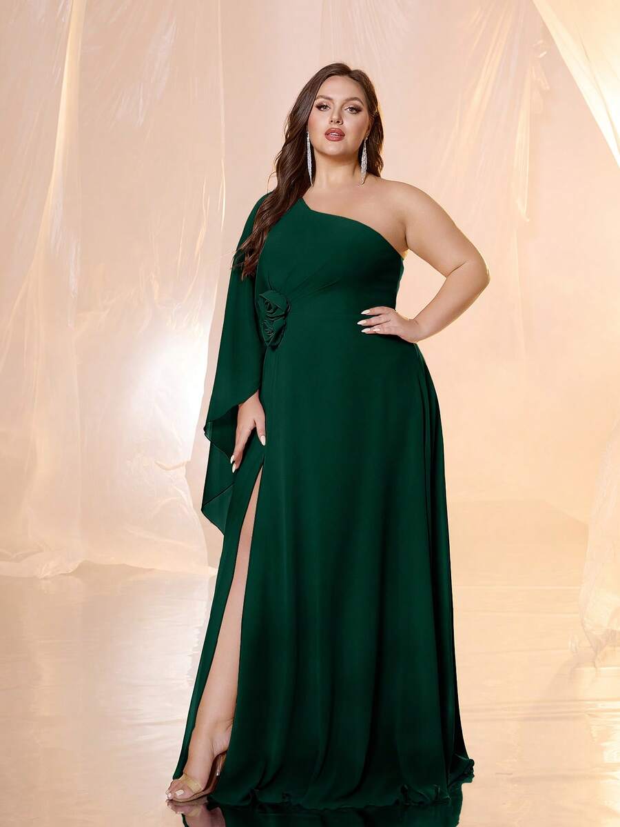 SUPGIR Plus Women's One-Shoulder Floating Piece Sleeve Slim-Fitting Three - Dimensional Flower Slit Chiffon Evening Dress - Dark Green - View 1