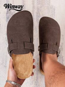 Wide Fit Men's Mule Shoes, New Spring Vintage Slip-On Shoes Casual Backless Flat Slippers With Adjustable Buckle - Coffee Brown - View 2