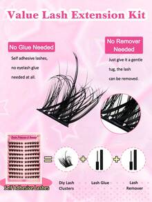 120pcs Self-Adhesive Fluffy & Thick False Eyelash Set, 8-16mm Mixed Length, No Glue Needed, Fluttery Individual Lashes, Self-Stick DIY Eyelash Extension, Pre-Glued Cluster Lashes, Natural & Lengthening, D-Curl, No Makeup Remover Required - Black - View 10