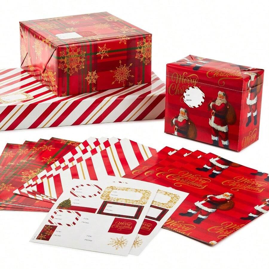 YQQ Hallmark Hojas de papel de regalo planas de Navidad papel de regalo rojo 12 hojas plegadas con sellos adhesivos rayas rojas blancas y doradas Papá Noel copos de nieve a cuadros1234 - RojoblancorayasdoradasPapNoelcoposdenieveacuadros - Ver 1