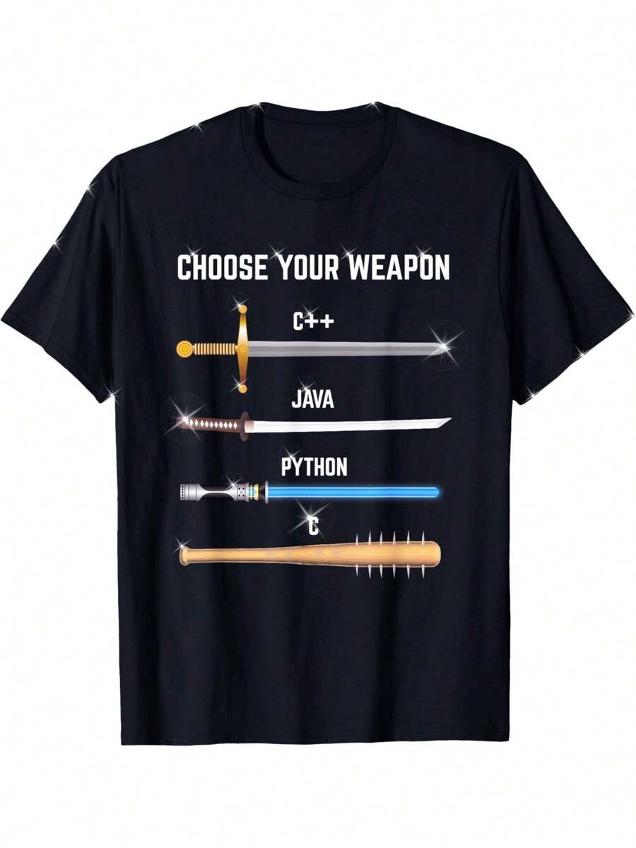 Camiseta divertida de lenguaje de programación para hombres - C++ Java C #   Camiseta de programación Python con eslogan "Elige tu arma" y diseño de sintaxis, regalo para desarrolladores, camiseta casual de cuello redondo lavable a máquina para geeks de tecnología, programadores, ingenieros de software - Negro - Ver 1