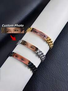 Personalized Men's Carved Eye Bracelet, Customized Eye Photo Bracelet, Laser Engraved Couple's Eye Photo Bracelet Jewelry, Gift For Boyfriend Eye Bracelet, 10mm/15mm Laser Engraved Couple's Watch Strap Bracelet - Color Customization - View 2