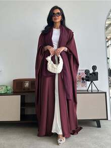Middle Eastern Style Loose Solid Color Robe With Batwing Sleeves And Headscarf, Abaya Spring - Redwood - View 4