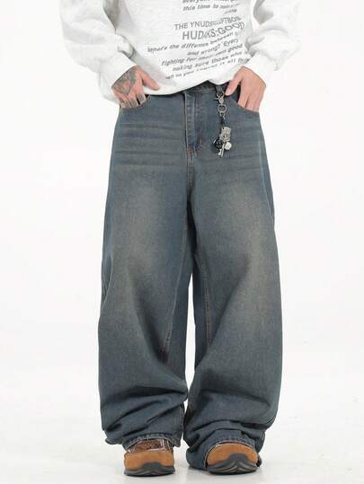 1 adet Justice Brother Bol Kesim Yıkanmış Kot Geniş Paçalı Günlük Kot Pantolon, Kore Tarzı