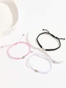 ATLVXJL 3pcs/Set Glow-In-The-Dark Friendship/Relationship Stainless Steel Mini Heart V-Shaped Knotted Cord Bracelet Set, Casual Jewelry Suitable For Daily Wear And Gift Giving - Multicolor - View 3