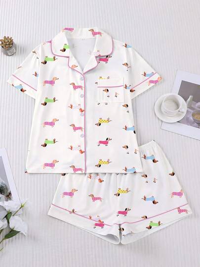 2 piezas Conjunto de pijama casual de mujer con estampado lindo de perro salchicha, top de cárdigan de manga corta con cuello y pantalones cortos de cintura elástica, ropa de dormir para fiesta de vacaciones, ropa de estar en casa para mujeres en todas las temporadas
