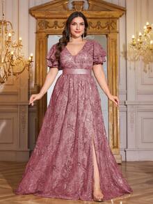 XUIBOL Hochwertig dehnbares, elegantes Pailletten-Patchwork-Kleid in superenganliegender Passform, Große Größen mit V-Ausschnitt, ideal für Abendveranstaltungen, Cocktailpartys, Hochzeiten, Jahrestage, Familienfeiern, formelle Galas, Bridal-Shower, Geburtstagsfeiern. Luxuriöses, würdevolles Kleid für die Brautmutter mit schweren Verzierungen. - Pink - Übersicht 5