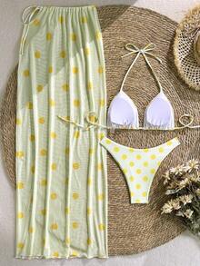 女士夏季沙滩波点印花露背系带性感比基尼泳衣套装，含罩衫和裙子 - 黃色 - 查看 4