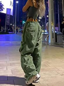 Quần cargo ống rộng màu trơn phong cách Y2K, cạp chun co giãn, nhiều túi, kiểu quần dù, thích hợp mặc hàng ngày, đi du lịch, đi chơi, câu lạc bộ hip hop, đi học, mùa thu dành cho nữ. - xanh quân đội - Xem 2