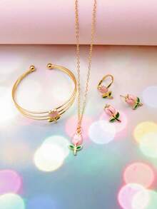 1 Set de joyería con colgante, pulsera, anillo y aretes con diseño de flor de gota de aceite, adecuado como regalo de vacaciones - Unitalla - Ver 3