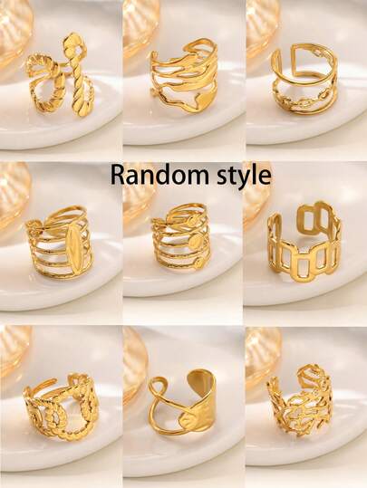 VJS 6枚混搭奢华多层几何造型金色戒指 - 男女皆宜，不锈钢材质，可调节开口设计，低致敏性，适合日常佩戴和约会佩戴